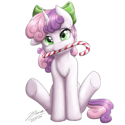 Size: 2217x2216 | Tagged: safe, artist:novaintellus, derpibooru import, ponerpics import, sweetie belle, pony, unicorn, g4, adult, bow, bowtie, candy, candy cane, chest fluff, cute, diasweetes, female, filly, foal, food, hair bow, head tilt, horn, looking at you, mare, mouth hold, simple background, sitting, solo, transparent background