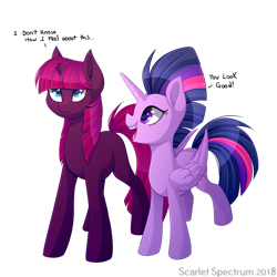 Size: 1575x1575 | Tagged: safe, artist:scarlet-spectrum, derpibooru import, tempest shadow, twilight sparkle, twilight sparkle (alicorn), alicorn, pony, unicorn, g4, my little pony: the movie, :t, alternate hairstyle, broken horn, colored pupils, cute, duo, eye scar, facial scar, female, hairstyle swap, horn, looking up, mane swap, mare, mohawk, open mouth, scar, simple background, smiling, tempestbetes, transparent background, twiabetes