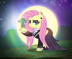 Size: 1100x891 | Tagged: safe, artist:pixelkitties, derpibooru import, fluttershy, pegasus, pony, fake it 'til you make it, g4, andrea libman, clothes, cthulhu, dress, ear piercing, earring, eyeshadow, female, fluttergoth, full moon, goth, jewelry, makeup, mare, moon, my little pony: friendship is magic, night, outdoors, piercing, solo