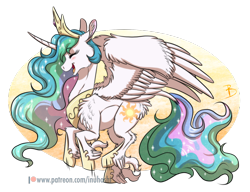 Size: 1704x1307 | Tagged: safe, artist:inuhoshi-to-darkpen, derpibooru import, princess celestia, alicorn, classical unicorn, pony, unicorn, g4, horse play, chest fluff, cloven hooves, crown, cute, cutelestia, ethereal mane, eyes closed, feathered fetlocks, female, fluffy, happy, horn, jewelry, leonine tail, mare, my little pony: friendship is magic, open mouth, prancelestia, prancing, regalia, simple background, solo, tail, transparent background, unshorn fetlocks