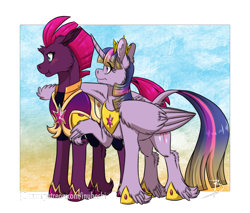 Size: 2000x1702 | Tagged: safe, artist:inuhoshi-to-darkpen, derpibooru import, fizzlepop berrytwist, tempest shadow, twilight sparkle, twilight sparkle (alicorn), alicorn, classical unicorn, pony, unicorn, g4, alternate universe, armor, captain, cloven hooves, comforting, duo, dusk guard, feathered fetlocks, female, friendship, gradient background, gradient mane, gradient tail, hoof shoes, horn, large wings, leonine tail, mare, patreon, patreon logo, royal guard, signature, simple background, tail, tempest becomes a royal guard, transparent background, twilight's royal guard, unshorn fetlocks, wings