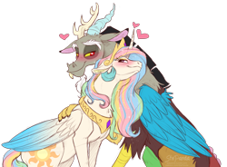 Size: 2855x2100 | Tagged: safe, artist:stepandy, derpibooru import, discord, princess celestia, alicorn, draconequus, pony, g4, colored sketch, crown, dislestia, duo, female, hug, jewelry, male, mare, necklace, regalia, shipping, simple background, sketch, straight, transparent background