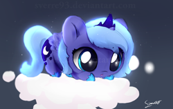 Size: 3082x1945 | Tagged: safe, artist:sverre93, derpibooru import, princess luna, alicorn, pony, g4, chibi, cloud, cute, female, filly, foal, hoof shoes, looking down, lunabetes, solo, sverre is trying to murder us, watermark, woona, younger