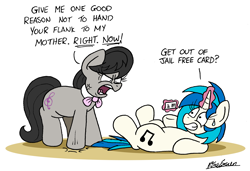 Size: 2300x1576 | Tagged: safe, artist:bobthedalek, derpibooru import, dj pon-3, octavia melody, vinyl scratch, earth pony, pony, unicorn, g4, abuse, angry, card, cross-popping veins, emanata, female, glowing, glowing horn, horn, magic, mare, moments before disaster, monopoly, nervous, newbie artist training grounds, octavia is not amused, ragetavia, stomping, sweat, sweatdrop, telekinesis, this will end in tears, this will not end well, unamused, vinylbuse, yelling