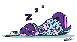 Size: 1816x986 | Tagged: safe, artist:bobthedalek, derpibooru import, starlight glimmer, pony, unicorn, g4, ass up, clothes, coffee, drink, face down ass up, female, horn, kite, mare, mug, newbie artist training grounds, onomatopoeia, pajamas, sleeping, slippers, solo, sound effects, spilled drink, that pony sure does love kites, zzz