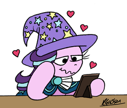 Size: 1137x968 | Tagged: safe, artist:bobthedalek, derpibooru import, starlight glimmer, pony, unicorn, g4, accessory theft, cloak, clothes, female, floating heart, hat, heart, horn, implied bisexual, implied lesbian, implied shipping, implied starburst, implied startrix, implied startrixburst, implied straight, lidded eyes, mare, newbie artist training grounds, picture frame, robe, smiling, solo, starlight wearing sunburst's robe, starlight wearing trixie's hat, sunburst's cloak, trixie's hat, wavy mouth