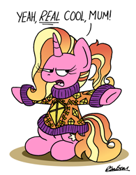 Size: 1178x1510 | Tagged: safe, artist:bobthedalek, derpibooru import, luster dawn, pony, unicorn, g4, clothes, female, horn, implied starlight glimmer, kite, luster dawn is not amused, luster dawn is starlight's and sunburst's daughter, mare, mothers gonna mother, parent:starlight glimmer, parent:sunburst, parents:starburst, sarcasm, sarcastic, solo, sweater, that pony sure does love kites, unamused