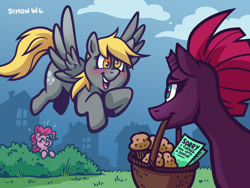 Size: 1024x768 | Tagged: safe, artist:simondrawsstuff, derpibooru import, derpy hooves, pinkie pie, tempest shadow, earth pony, pegasus, pony, unicorn, g4, apology, basket, blushing, broken horn, cute, derpy's sacrifice, female, food, horn, mare, mouth hold, muffin