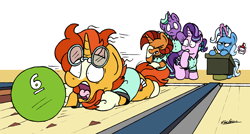 Size: 2388x1278 | Tagged: safe, artist:bobthedalek, derpibooru import, firelight, starlight glimmer, stellar flare, sunburst, trixie, pony, unicorn, g4, blaze (coat marking), bowling, bowling alley, bowling ball, clothes, coat markings, facehoof, facial markings, father and child, father and daughter, female, glowing, glowing horn, glue, horn, inconvenient trixie, levitation, magic, male, mare, mother and child, mother and son, open mouth, parent and child, prank, pure unfiltered evil, screaming, shirt, socks (coat marking), stallion, stellar flare is not amused, telekinesis, this will end in pain, unamused