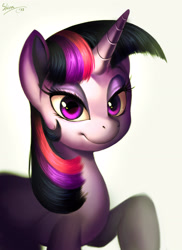 Size: 2087x2873 | Tagged: safe, artist:shira-hedgie, derpibooru import, twilight sparkle, unicorn twilight, pony, unicorn, g4, bust, female, grin, horn, lidded eyes, looking at you, mare, portrait, raised hoof, raised leg, shading, signature, simple background, smiling, solo, white background