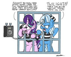 Size: 2112x1708 | Tagged: safe, artist:bobthedalek, derpibooru import, starlight glimmer, trixie, pony, unicorn, g4, road to friendship, angry, atg 2022, clothes, cuffs, female, hat, horn, implied twilight sparkle, inconvenient trixie, jail, mare, my little pony: friendship is magic, newbie artist training grounds, prison outfit, prisoner sg, prisoner tx, shirt