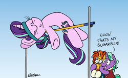 Size: 1968x1200 | Tagged: safe, artist:bobthedalek, derpibooru import, firelight, starlight glimmer, sunburst, pony, unicorn, g4, atg 2022, blaze (coat marking), cheek squish, coat markings, elegant, excited, eyes closed, facial markings, father and child, father and daughter, fathers gonna father, female, fosbury flop, gradient background, gymnastics, happy, headband, high jump, horn, jumping, male, mare, newbie artist training grounds, parent and child, shrunken pupils, socks (coat marking), sports, squishy cheeks, stallion, trio