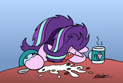 Size: 1308x882 | Tagged: safe, artist:bobthedalek, derpibooru import, starlight glimmer, pony, unicorn, g4, atg 2022, bathrobe, bed mane, bowl, cereal, cheerios, clothes, faceplant, female, food, horn, kite, mare, milk, morning ponies, mug, newbie artist training grounds, pajamas, robe, solo, that pony sure does love kites, tired