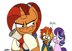 Size: 1997x1428 | Tagged: safe, artist:bobthedalek, derpibooru import, starlight glimmer, stellar flare, sunburst, pony, unicorn, g4, atg 2022, blaze (coat marking), coat markings, dialogue, evil smile, facial markings, fear, female, grin, grinch face, horn, male, mare, mother and child, mother and son, mothers gonna mother, newbie artist training grounds, parent and child, plan, run, scroll, simple background, smiling, socks (coat marking), stallion, that pony sure does love plans, this will end in marriage, this will not end well, trio, uh oh, white background