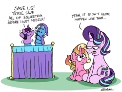 Size: 2400x1800 | Tagged: safe, artist:bobthedalek, derpibooru import, luster dawn, starlight glimmer, trixie, twilight sparkle, pony, unicorn, g4, atg 2022, cute, dialogue, diatrixes, female, filly, foal, glimmerbetes, horn, inconvenient trixie, luster dawn is starlight's and sunburst's daughter, lusterbetes, magic wand, mare, mother and child, mother and daughter, narcissism, newbie artist training grounds, offspring, older, older starlight glimmer, parent and child, parent:starlight glimmer, parent:sunburst, parents:starburst, puppet, puppet show, selfish, simple background, sitting, starlight glimmer is not amused, twiabetes, unamused, wand, white background