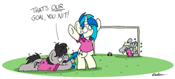 Size: 2895x1308 | Tagged: safe, artist:bobthedalek, derpibooru import, derpy hooves, dj pon-3, octavia melody, vinyl scratch, earth pony, pegasus, pony, unicorn, g4, atg 2022, bipedal, clothes, dizzy, epic fail, fail, female, football, goal, horn, knocked out, mare, messy mane, newbie artist training grounds, own goal, pain star, shirt, sports, sudden realization, swirly eyes, tail, tail pull, this did not end well, trio, you had one job