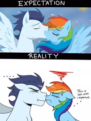 Size: 1536x2048 | Tagged: safe, artist:pimpartist101, derpibooru import, rainbow dash, soarin', pegasus, pony, g4, ..., :t, boop, comic, cute, dashabetes, ears, expectation vs reality, eyes closed, female, floppy ears, frown, horse problems, kiss on the lips, kissing, male, mare, nose wrinkle, noseboop, nuzzling, op is trying to start shit, scrunchy face, shipping, so close, soarinbetes, soarindash, spread wings, stallion, straight, wings