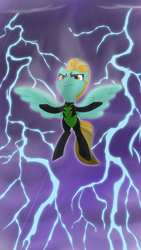 Size: 1080x1920 | Tagged: safe, artist:agreylongma, derpibooru import, lightning dust, pegasus, pony, g4, clothes, female, flying, lightning, mare, rain, solo, storm, uniform, washouts uniform