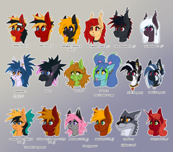 Size: 4000x3500 | Tagged: safe, artist:twotail813, derpibooru import, oc, oc only, oc:gear, oc:hearty, oc:nightsun, oc:nis blackhoof, oc:sweetdrop, oc:twotail, oc:xarxe blackhoof, bat pony, earth pony, griffon, pegasus, pony, unicorn, wolf, zebra, beak, collar, ear piercing, earring, female, gradient background, horn, jewelry, male, necklace, piercing, tongue, tongue out, zebra oc