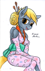 Size: 765x1200 | Tagged: safe, artist:sepiakeys, derpibooru import, derpy hooves, anthro, g4, clothes, kimono (clothing), solo, traditional art