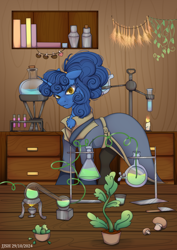 Size: 2894x4093 | Tagged: safe, artist:jjsh, derpibooru import, oc, oc only, oc:nighttime wishes, pony, unicorn, alchemy, book, candle, chest fluff, clothes, costume, female, fire, flask, high res, horn, knife, mare, mushroom, plant, potion, potion making, serious, shelf, solo, test tube