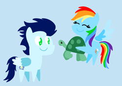 Size: 3553x2499 | Tagged: safe, anonymous artist, derpibooru exclusive, derpibooru import, rainbow dash, soarin', tank, pegasus, pony, turtle, series:soarindash relationship, series:soarindash romantic tales, g4, animal, carrying, female, flying, male, mare, pointy ponies, shipping, soarindash, stallion, straight