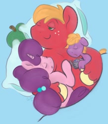 Size: 1326x1523 | Tagged: safe, artist:amynewblue, derpibooru import, big macintosh, little mac, sugar belle, earth pony, unicorn, g4, apple, apple family, apple family member, family, father and child, father and son, female, filly, foal, food, horn, male, mother and child, mother and son, parent and child, parents and child, shipping, simple background, sketch, sleeping, straight, sugarmac