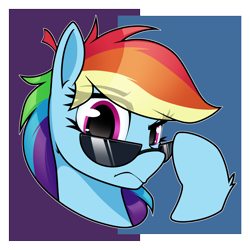 Size: 3000x3000 | Tagged: safe, artist:dacaoo, derpibooru import, rainbow dash, pegasus, pony, g4, female, high res, looking at you, mare, simple background, solo, sunglasses, unamused