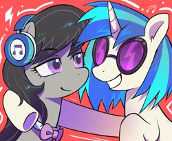 Size: 2690x2215 | Tagged: safe, artist:goldenage2049, derpibooru import, dj pon-3, octavia melody, vinyl scratch, earth pony, pony, unicorn, g4, female, horn, lesbian, looking at each other, looking at someone, scratchtavia, shipping, smiling, smiling at each other