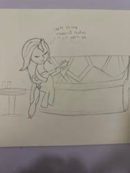 Size: 3024x4032 | Tagged: safe, derpibooru import, sunset shimmer, unicorn, g4, guitar, horn, musical instrument, pencil drawing, singing, sofa, traditional art