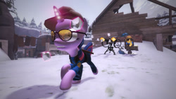 Size: 827x467 | Tagged: safe, artist:will-cube, derpibooru import, applejack, twilight sparkle, g4, 3d, engiejack, engineer (tf2), sentry gun, sniper (tf2), snow, snowball, snowball fight, source filmmaker, team fortress 2, twilight sniper