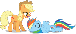 Size: 9812x4464 | Tagged: safe, artist:creedyboy124, derpibooru import, applejack, rainbow dash, earth pony, pegasus, pony, g4, angry, applejack's hat, clothes, cowboy hat, duo, duo female, eyes closed, female, folded wings, hat, lying down, mare, simple background, transparent background, wings