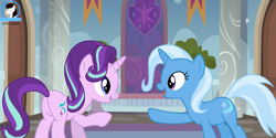 Size: 10246x5139 | Tagged: safe, artist:creedyboy124, derpibooru import, starlight glimmer, trixie, pony, unicorn, g4, background, duo, duo female, female, freedom fighters, hallway, horn, lesbian, looking at each other, looking at someone, mare, pointing, rebels, shipping, startrix