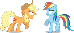 Size: 9003x3987 | Tagged: safe, artist:creedyboy124, derpibooru import, applejack, rainbow dash, earth pony, pegasus, pony, g4, angry, applejack's hat, clothes, cowboy hat, duo, duo female, female, females only, folded wings, hat, mare, scared, simple background, transparent background, wings, yelling