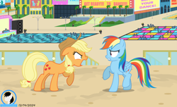 Size: 9000x5458 | Tagged: safe, artist:creedyboy124, derpibooru import, applejack, rainbow dash, earth pony, pegasus, pony, g4, angry, applejack's hat, background, city, clothes, cowboy hat, duo, duo female, female, females only, folded wings, hat, mare, scared, wings, yelling