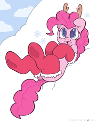 Size: 1748x2210 | Tagged: safe, artist:spookyfoxinc, derpibooru import, pinkie pie, earth pony, pony, g4, :3, antlers, christmas, clothes, cute, diapinkes, dock, female, festive, giggling, happy, heart, heart eyes, hearth's warming, holiday, mare, open mouth, open smile, simple background, smiling, snow, socks, solo, tail, wingding eyes, winter