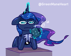 Size: 1746x1383 | Tagged: safe, artist:greenmaneheart, derpibooru import, princess luna, alicorn, pony, g4, :i, coffee mug, ears, floppy ears, hooves together, i mean i see, magic, mug, solo, telekinesis