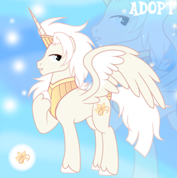 Size: 1280x1284 | Tagged: safe, artist:vi45, derpibooru import, oc, oc only, alicorn, pony, adoptable, armor, barding, base used, blue eyes, circlet, colored hooves, colored wings, cream coat, cuirass, frown, gradient background, hoof on chest, hooves, horn, lidded eyes, long horn, long mane, long mane male, long tail, looking back, male, male alicorn, male alicorn oc, partially open wings, raised hoof, raised leg, solo, stallion, standing, standing on three hooves, tail, tail accessory, two toned wings, unicorn horn, unshorn fetlocks, white hooves, white mane, white tail, wings, yellow coat, zoom layer