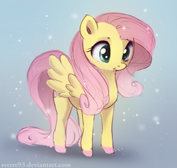 Size: 2513x2386 | Tagged: safe, artist:sverre93, derpibooru import, fluttershy, pegasus, pony, g4, :t, cute, female, gradient background, hnnng, mare, shyabetes, smiling, snow, snowfall, solo, spread wings, wings