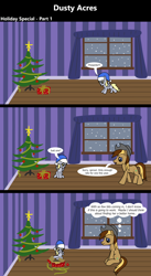 Size: 1920x3516 | Tagged: safe, artist:platinumdrop, derpibooru import, derpy hooves, oc, oc:dusty hooves, comic:dusty acres, series:technoverse, g4, christmas, christmas tree, commission, female, filly, foal, holiday, present, speech bubble, tree, younger