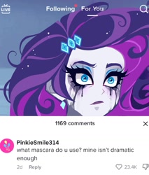 Size: 1080x1270 | Tagged: safe, artist:libbly_libby, derpibooru import, pinkie pie, rarity, equestria girls, g4, alternate hairstyle, crying, ear piercing, earring, eyeshadow, female, jewelry, lipstick, makeup, mascara, meme, messy hair, piercing, ponified, ponified meme, running makeup, solo, tiktok