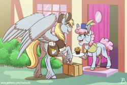 Size: 1024x683 | Tagged: safe, artist:inuhoshi-to-darkpen, derpibooru import, derpy hooves, pearly stitch, earth pony, pegasus, pony, g4, bag, box, door, duo, ear fluff, ears, eye clipping through hair, feathered fetlocks, female, food, hat, mail, mailbag, mailmare, mailmare uniform, mare, muffin, older, open mouth, package, smiling, underhoof, unshorn fetlocks, window