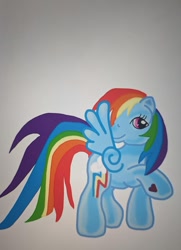 Size: 640x884 | Tagged: safe, artist:theborahaejellyfish, derpibooru import, edit, rainbow dash, pegasus, pony, g3, g4, female, g4 to g3, generation leap, mare, raised hoof, raised leg, simple background, smiling, solo, spread wings, white background, wings