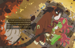 Size: 5100x3300 | Tagged: safe, artist:bearmation, derpibooru import, tree hugger, trouble shoes, oc, oc:fumbleweed, earth pony, pony, absurd file size, absurd resolution, colt, family, female, foal, male, mare, offspring, outdoors, overhead view, parent:tree hugger, parent:trouble shoes, parents:troublehugger, picnic blanket, shipping, stallion, story included, straight, text, trio, troublehugger