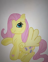 Size: 640x826 | Tagged: safe, artist:theborahaejellyfish, derpibooru import, edit, fluttershy, pegasus, pony, g3, g4, female, g4 to g3, generation leap, mare, raised hoof, raised leg, simple background, smiling, solo, spread wings, white background, wings