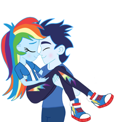 Size: 1280x1346 | Tagged: safe, artist:soarindasher10, derpibooru import, rainbow dash, soarin', human, equestria girls, g4, bridal carry, carrying, clothes, cute, dashabetes, female, happy, male, pants, shipping, shirt, shoes, simple background, sneakers, soarindash, straight, transparent background