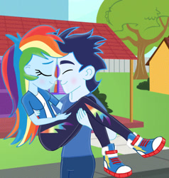 Size: 1280x1346 | Tagged: safe, alternate version, artist:soarindasher10, derpibooru import, rainbow dash, soarin', human, equestria girls, g4, bridal carry, carrying, clothes, cute, dashabetes, female, happy, heartwarming, male, pants, primal, rainbow dash is best human, shipping, shirt, shoes, sneakers, soarindash, straight, sweet dreams fuel