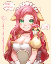 Size: 2185x2745 | Tagged: safe, artist:kongyi, derpibooru import, fluttershy, human, pegasus, pony, g4, blushing, breasts, cleavage, clothes, cute, eared humanization, ears, female, floppy ears, fluttermaid, human ponidox, humanized, maid, self paradox, self ponidox, shyabetes, tiny, tiny ponies, tray, winged humanization, wings