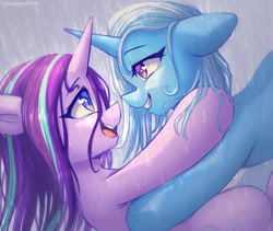 Size: 1108x935 | Tagged: safe, artist:chaosangeldesu, derpibooru import, starlight glimmer, trixie, pony, unicorn, g4, crossed horns, cute, duo, duo female, female, horn, horns are touching, hug, lesbian, mare, rain, shipping, smiling, startrix, wet, wet mane