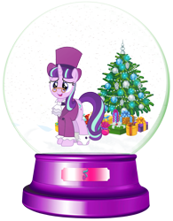 Size: 1700x2177 | Tagged: safe, artist:lizzmcclin, derpibooru import, snowfall frost, starlight glimmer, pony, unicorn, g4, blazer, christmas, christmas tree, female, hat, holiday, horn, jabot, simple background, snow globe, solo, spats, top hat, transparent background, tree